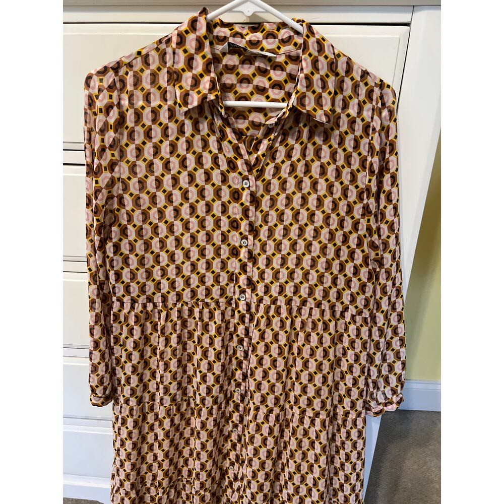 Zara Geometric Print Maxi Dress Sheer Long Sleeve Size Medium Indie Boho Twee - Picture 5 of 9
